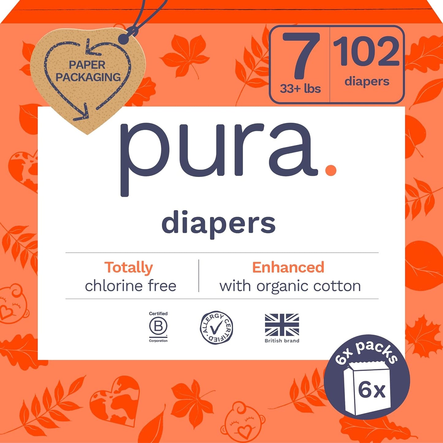 Pura Eco-Friendly Size 7 Diapers: Soft Cotton, 12 Hr Leak Protection