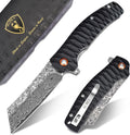 AUBEY Damascus Pocket Knife with 3.34in Hollow Grind Blade