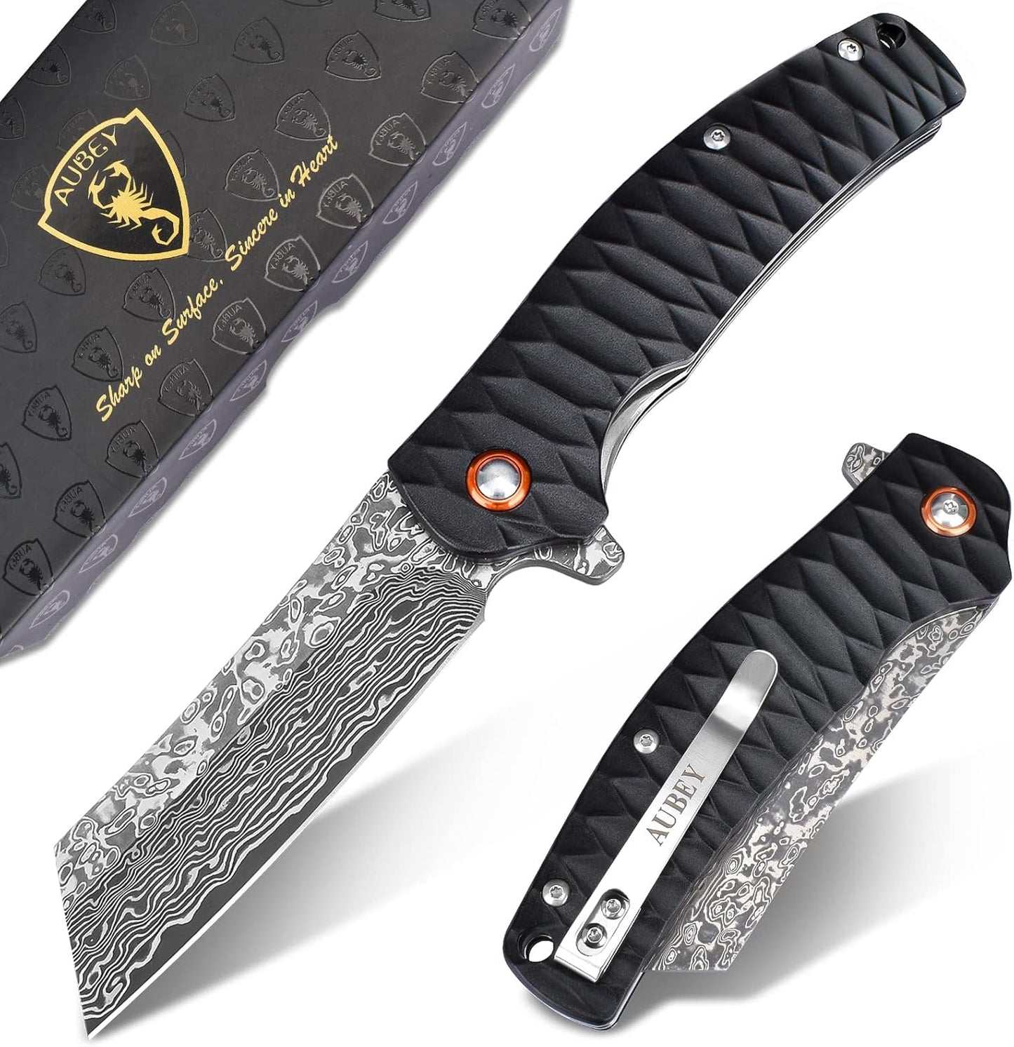 AUBEY Damascus Pocket Knife with 3.34in Hollow Grind Blade