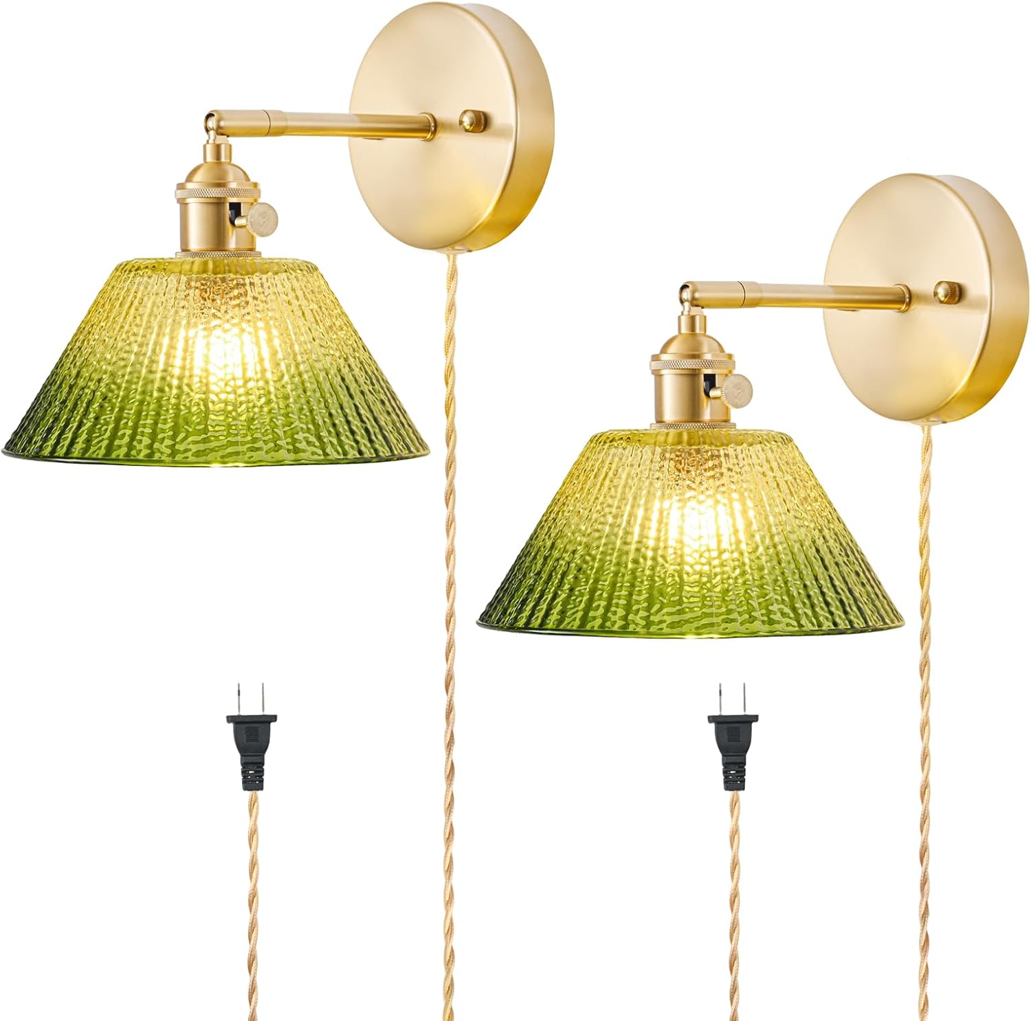 Vintage Gradient Green Glass Plug in Wall Sconces Set of 2