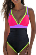 One Piece Tummy Control Swimsuit Neon Color Block - Slimming Fit