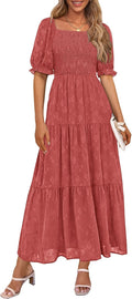 Women's Summer Midi Dress Square Neck Smocked A-Line - Flowy Boho TIPS