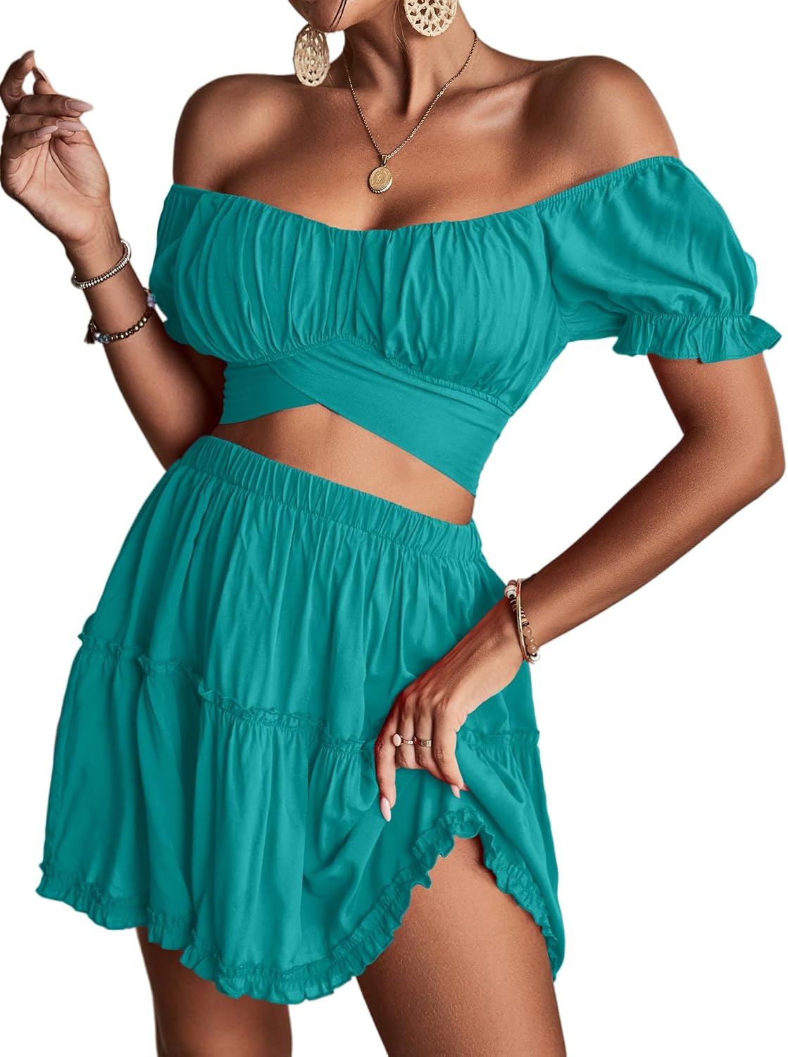 LYANER Women's Floral Off Shoulder Crop Top & Mini Skirt Set