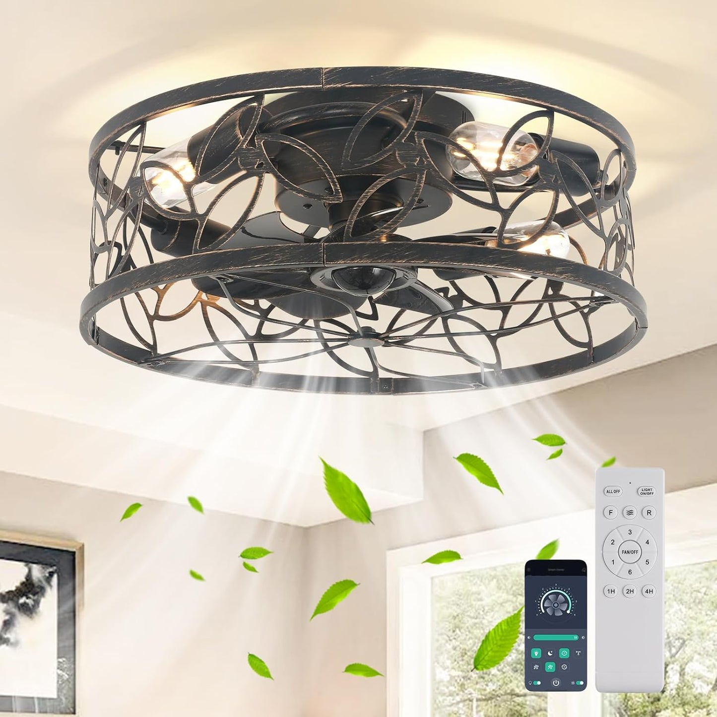 Garwarm Caged Ceiling Fan with Light - Rustic 18in Design