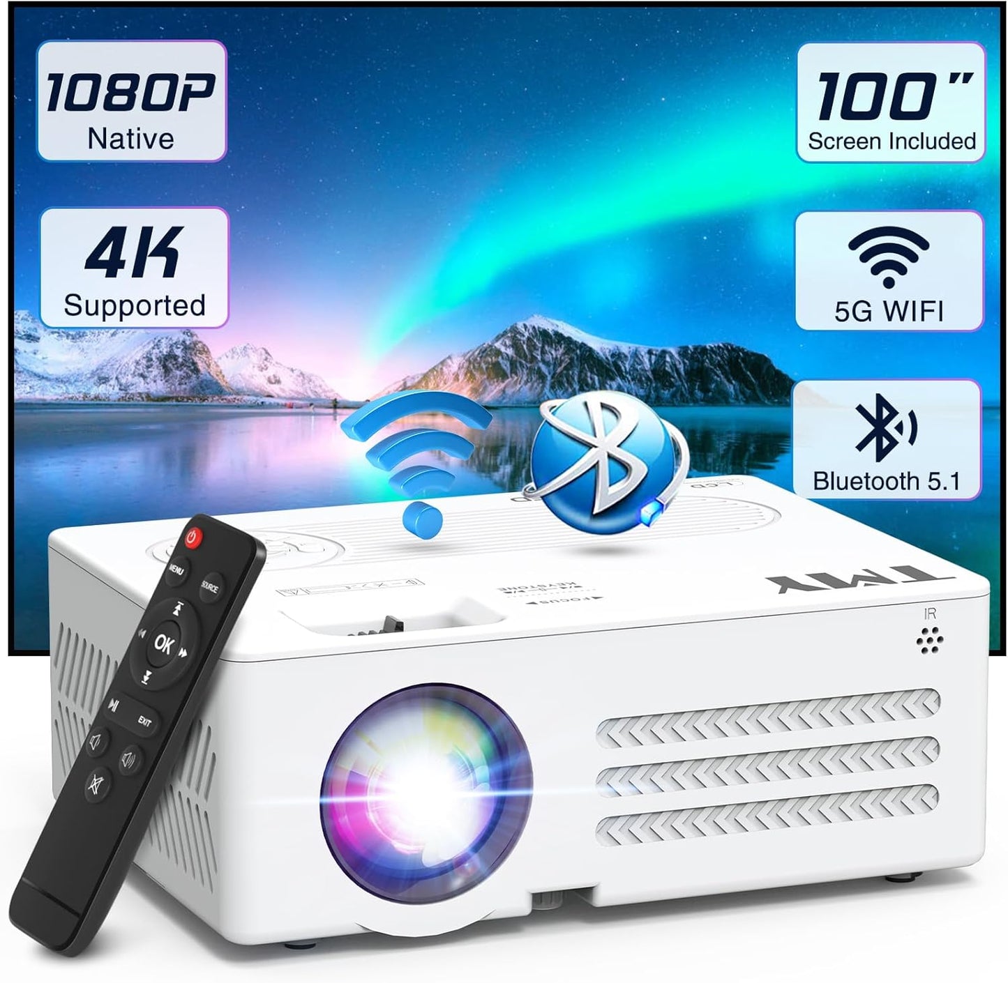Portable 1080P Outdoor Projector with WiFi & Bluetooth