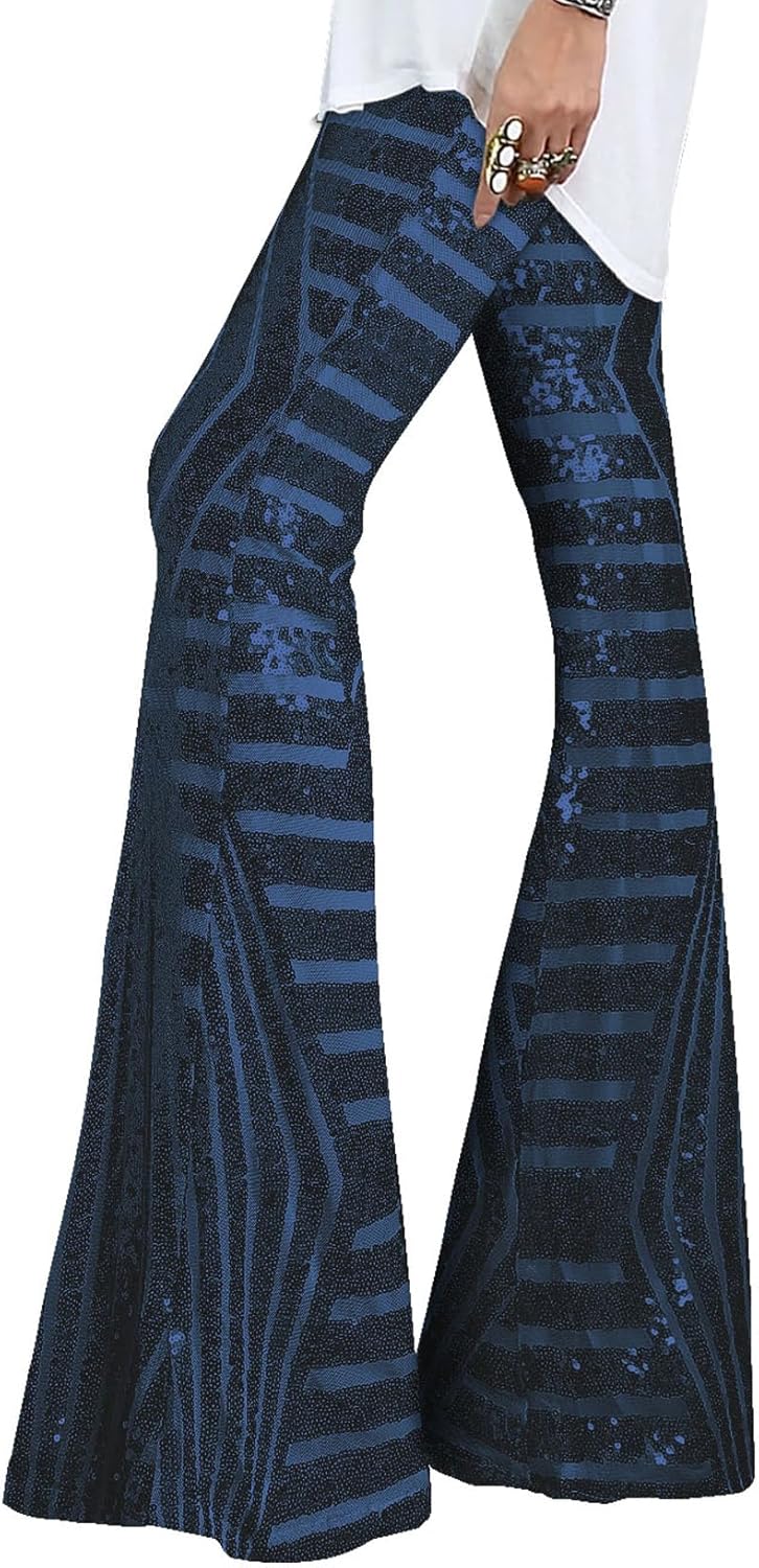 EVALESS Women Sequin Pants Sparkly Glitter High Waisted Trousers