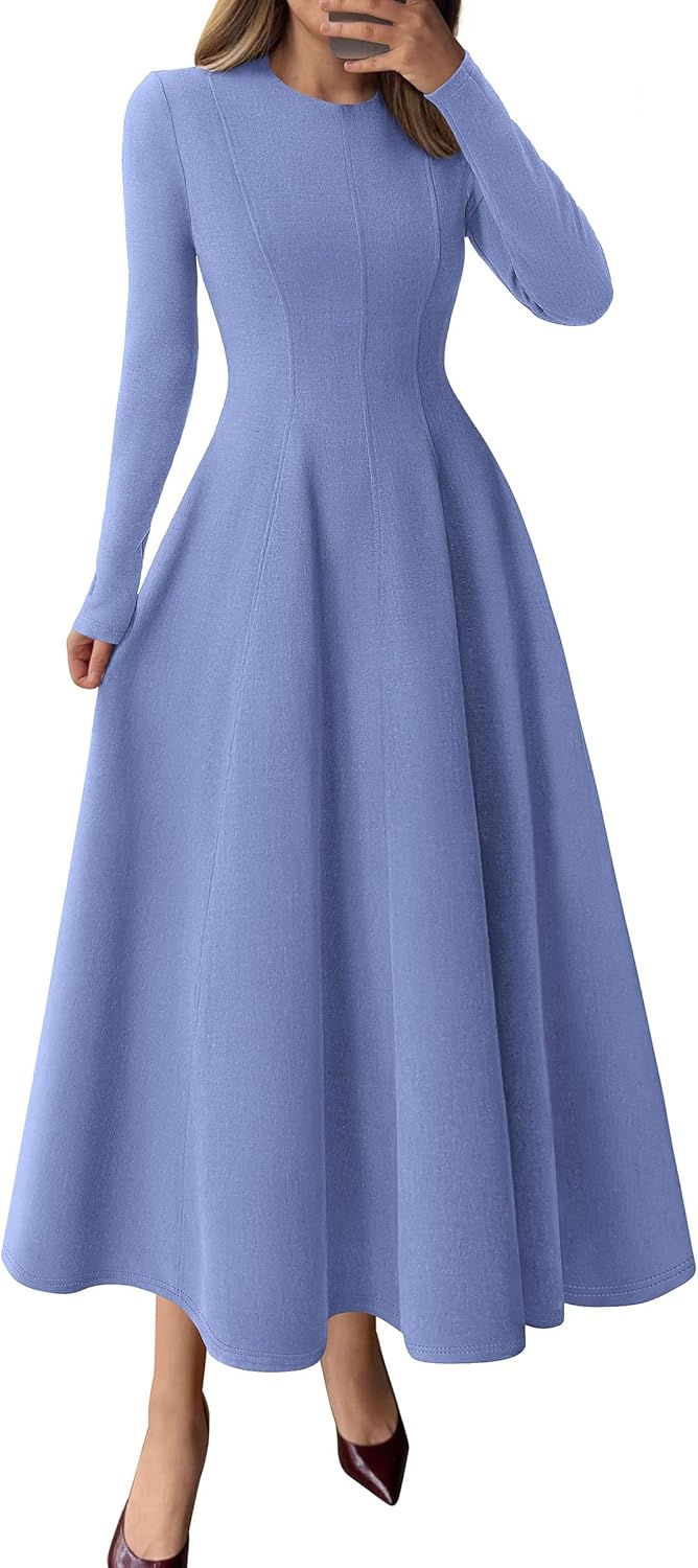Elegant Classy Fall Long Sleeve Midi A Line Flowy Dress