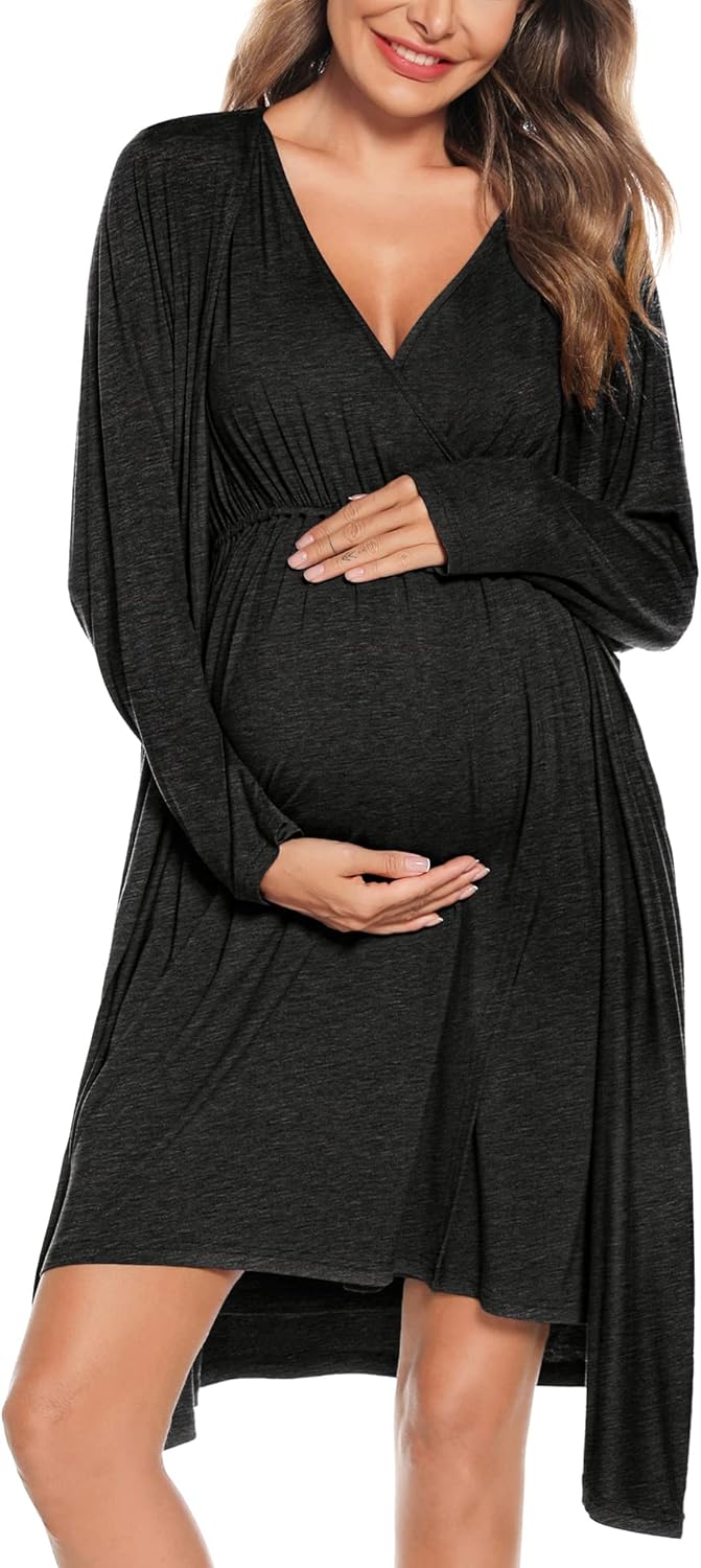 SWOMOG Women Maternity Nursing Gown and Robe Set for Comfort