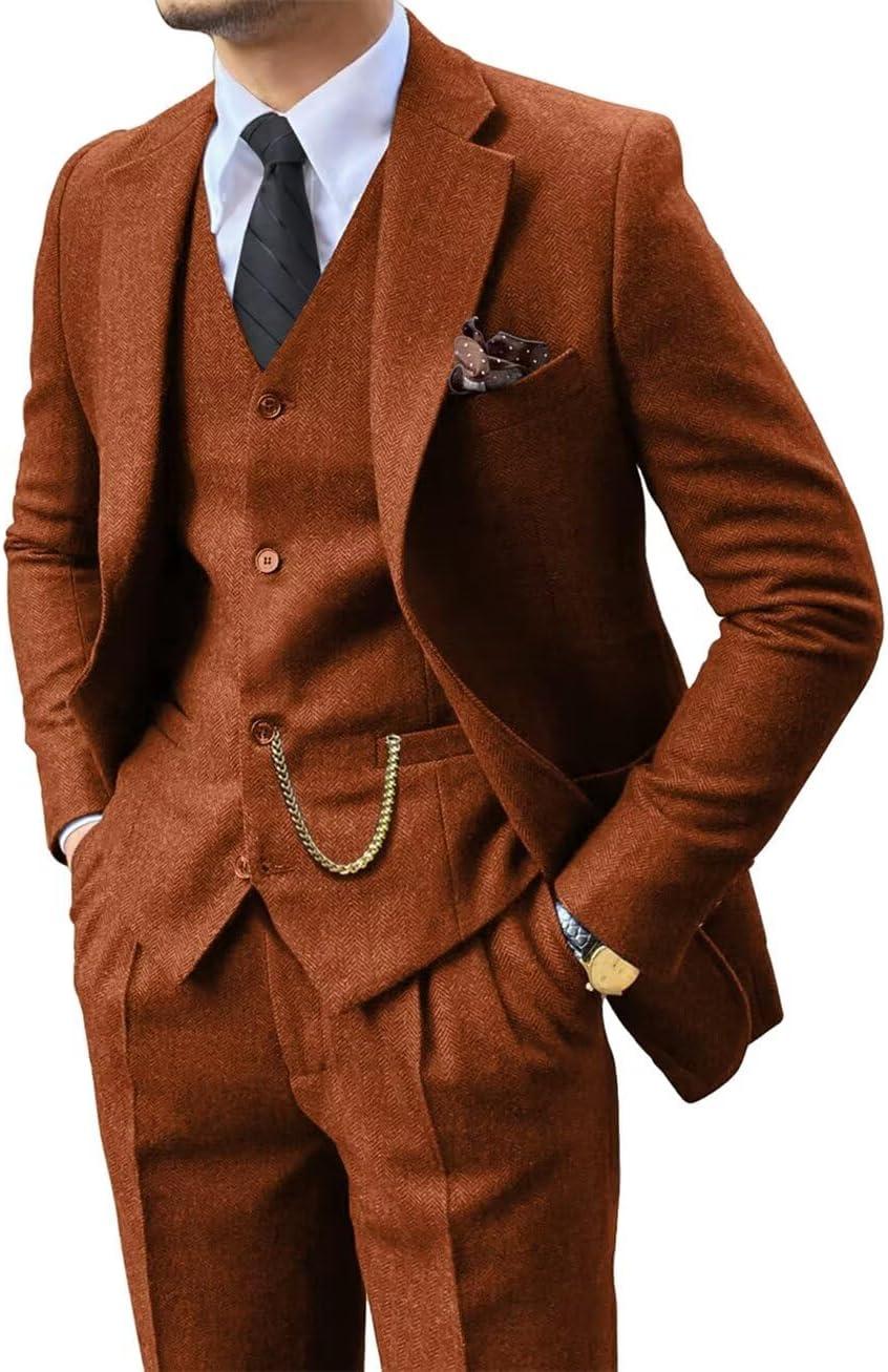 Retro 3 Piece Suit Tweed Herringbone Men's Slim Fit Tuxedo Set