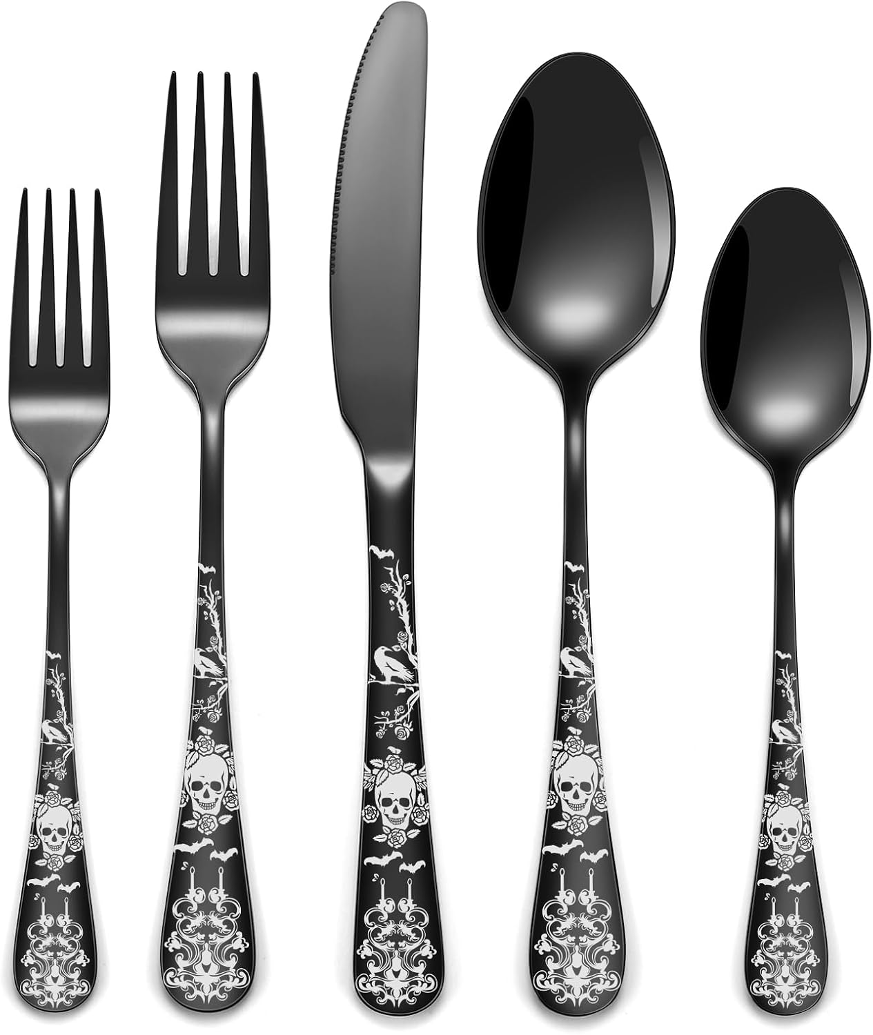 40-Piece Skull Silverware Set for 8, Unique Flatware Design