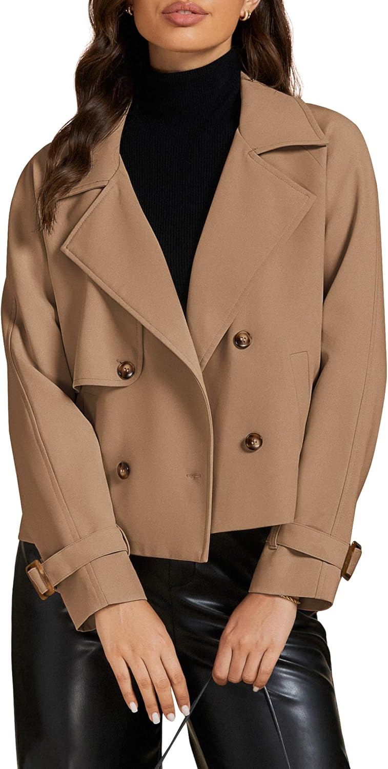 Cropped Trench Coat for Women with Notched Lapel and Pockets