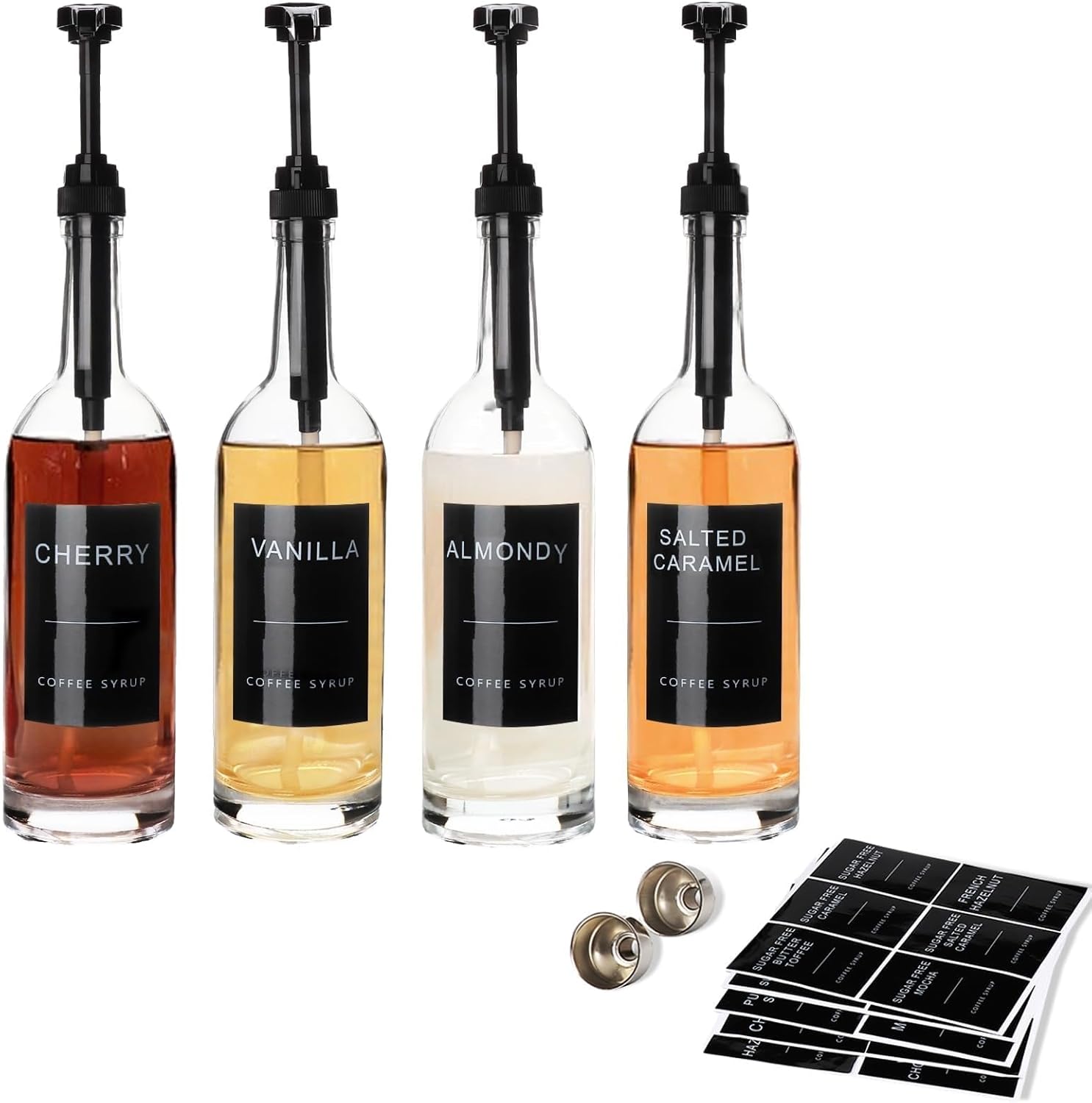 25.4 oz Glass Coffee Syrup Dispenser Set with Pump & Labels