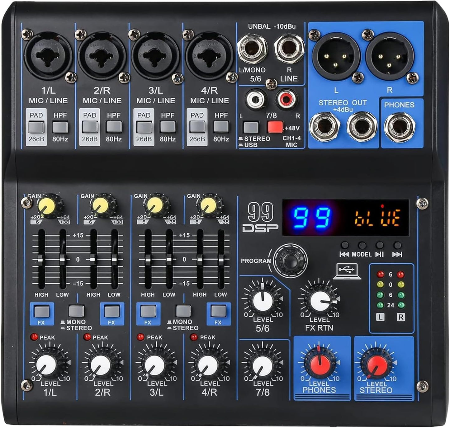 8 Channel Audio Mixer with Bluetooth and USB Interface for DJs
