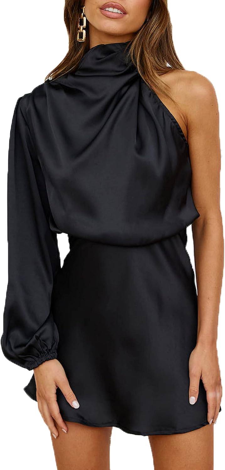 Women's Satin Long Sleeve One Shoulder Mini Dress for Parties