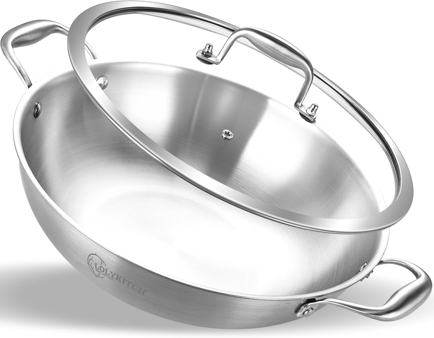 Tri-Ply Stainless Steel Wok Pan with Lid for Induction Cooking