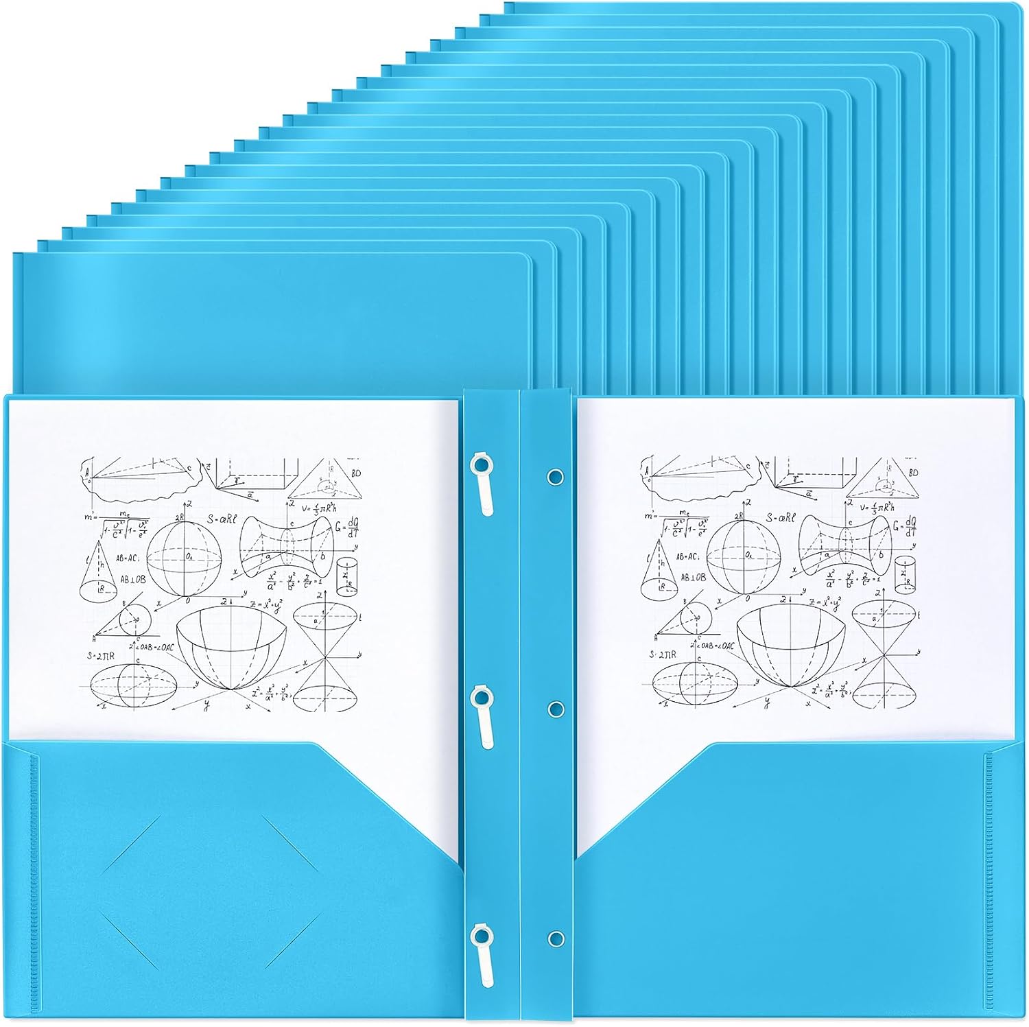 Lincia 100 Pcs Plastic Folders with Pockets and Prongs - Light Blue