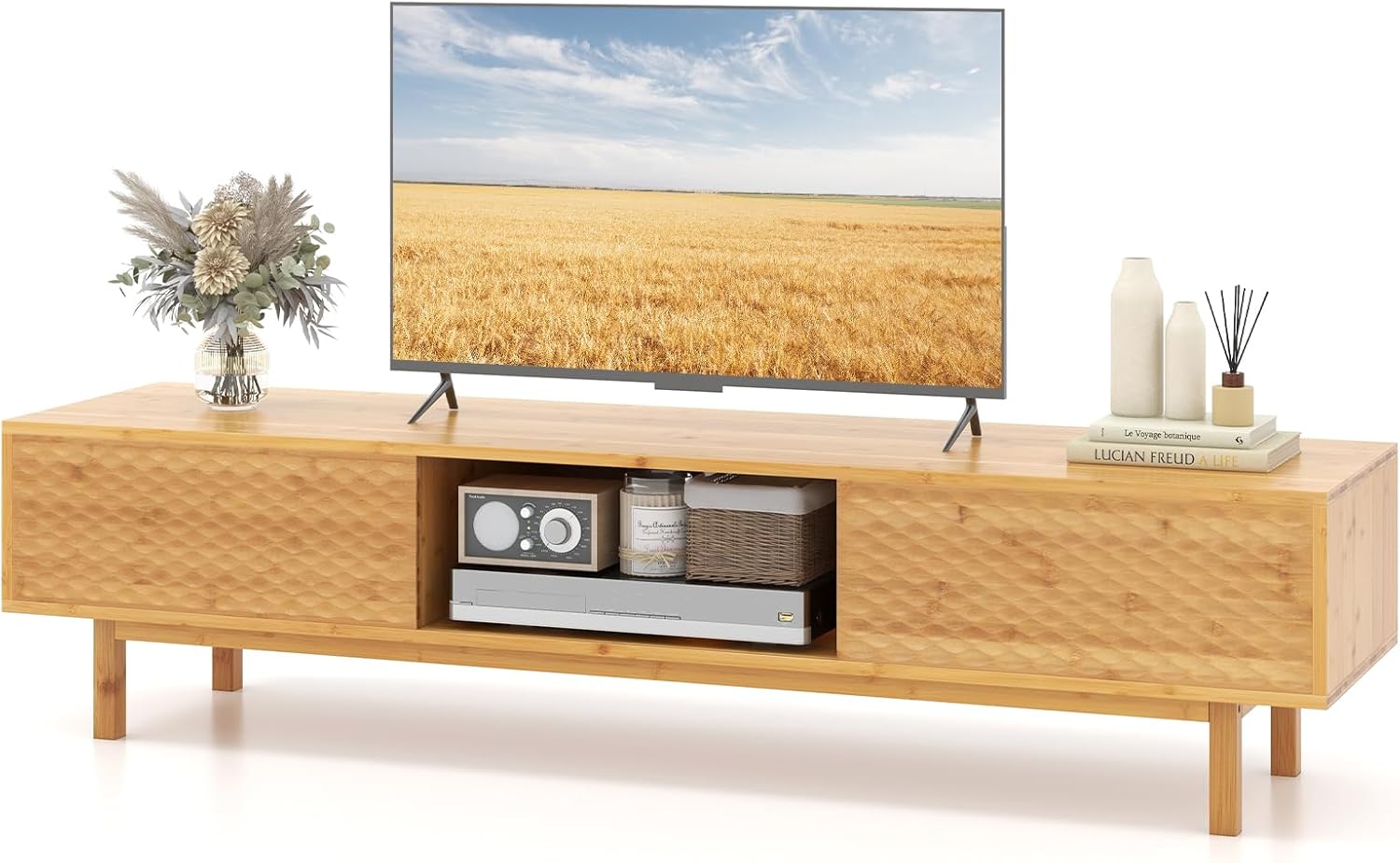 Mid Century Modern Bamboo TV Stand for 65-70
