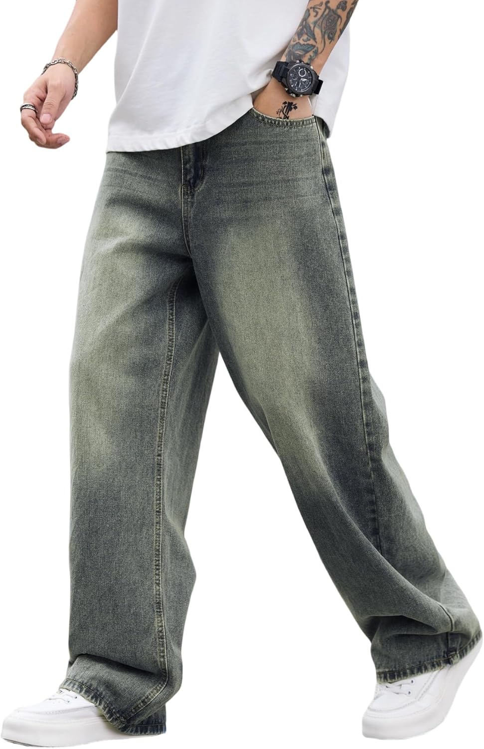 Mens Baggy Jeans Distressed Wide Leg Denim Pants for Casual Wear