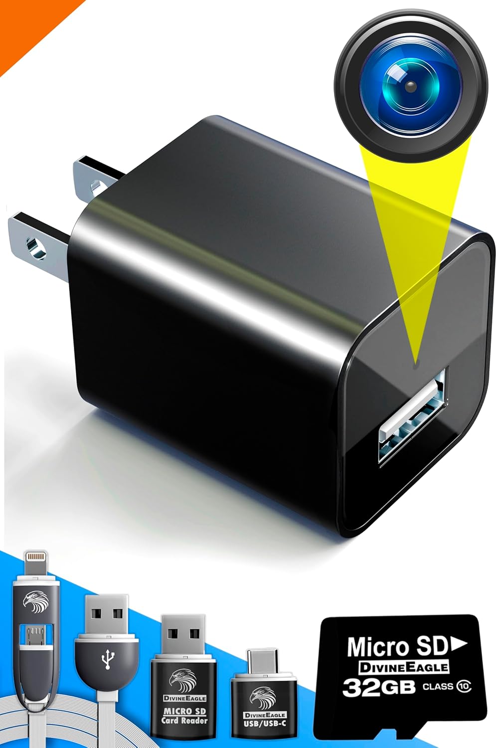 DIVINEEAGLE Mini Spy Camera Charger for Spying with 32GB SD Card
