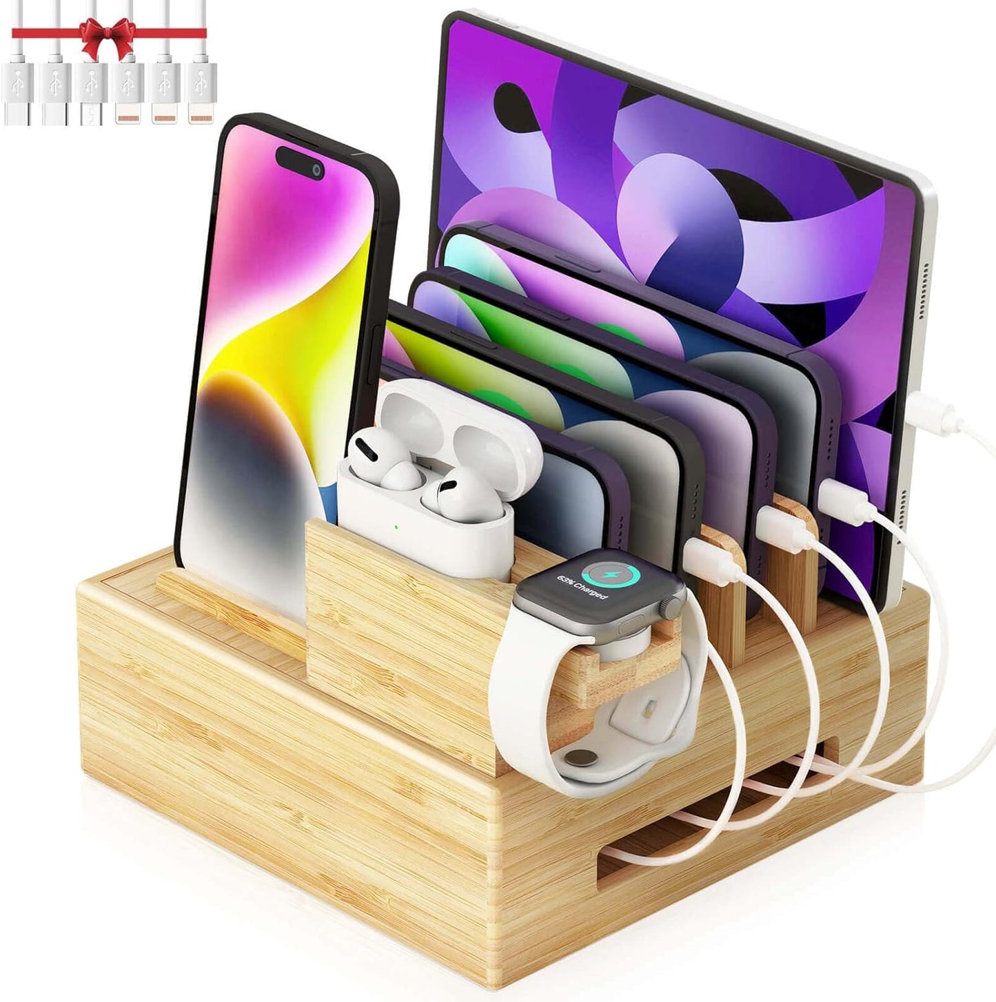 Darfoo Bamboo Charging Station for Multiple Devices with 7 USB Ports