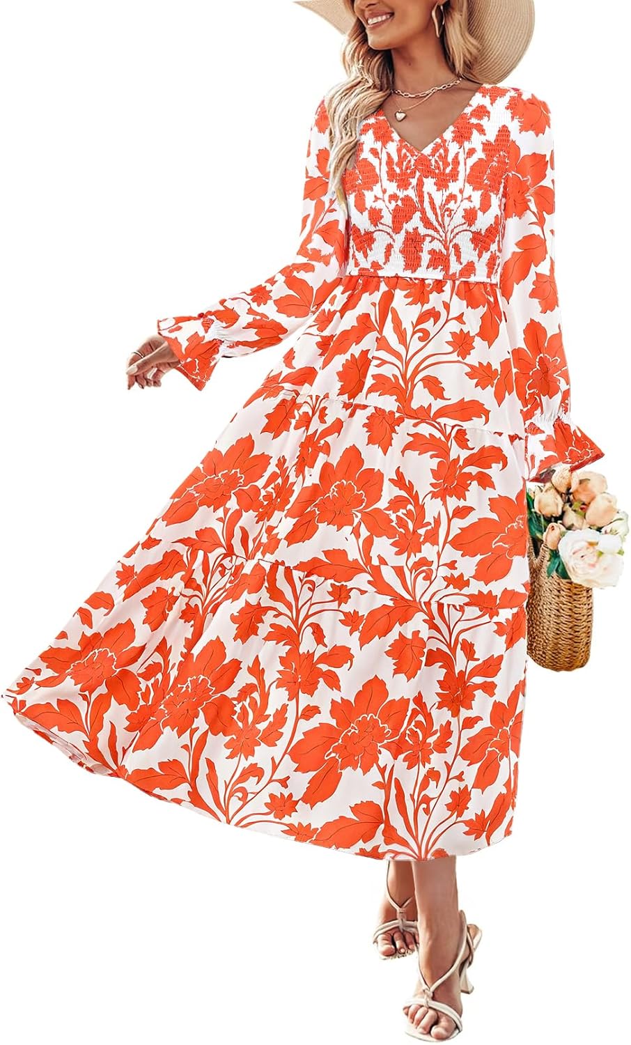 ZESICA Fall Wedding Guest Dresses Long Sleeve Floral V Neck