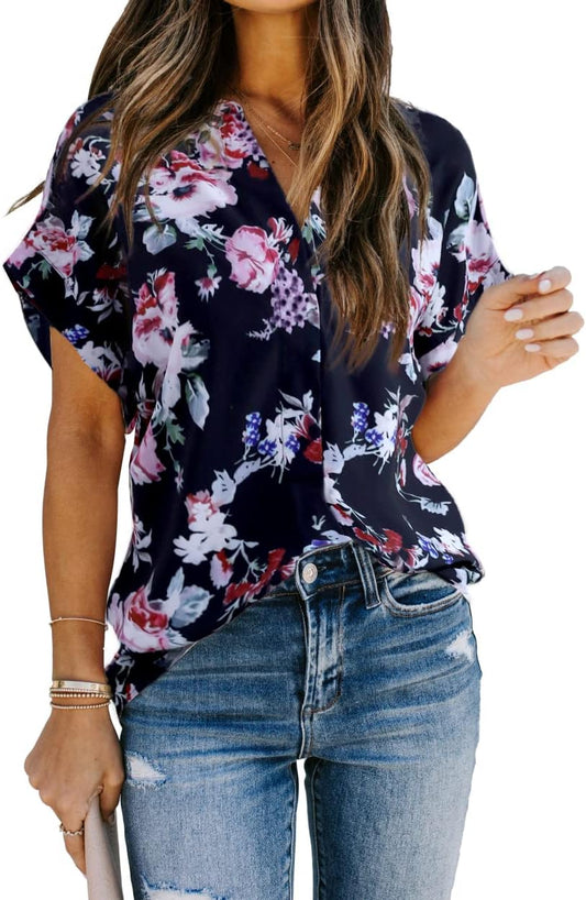 Allimy Women Summer Casual Split V Neckline Floral Blouses