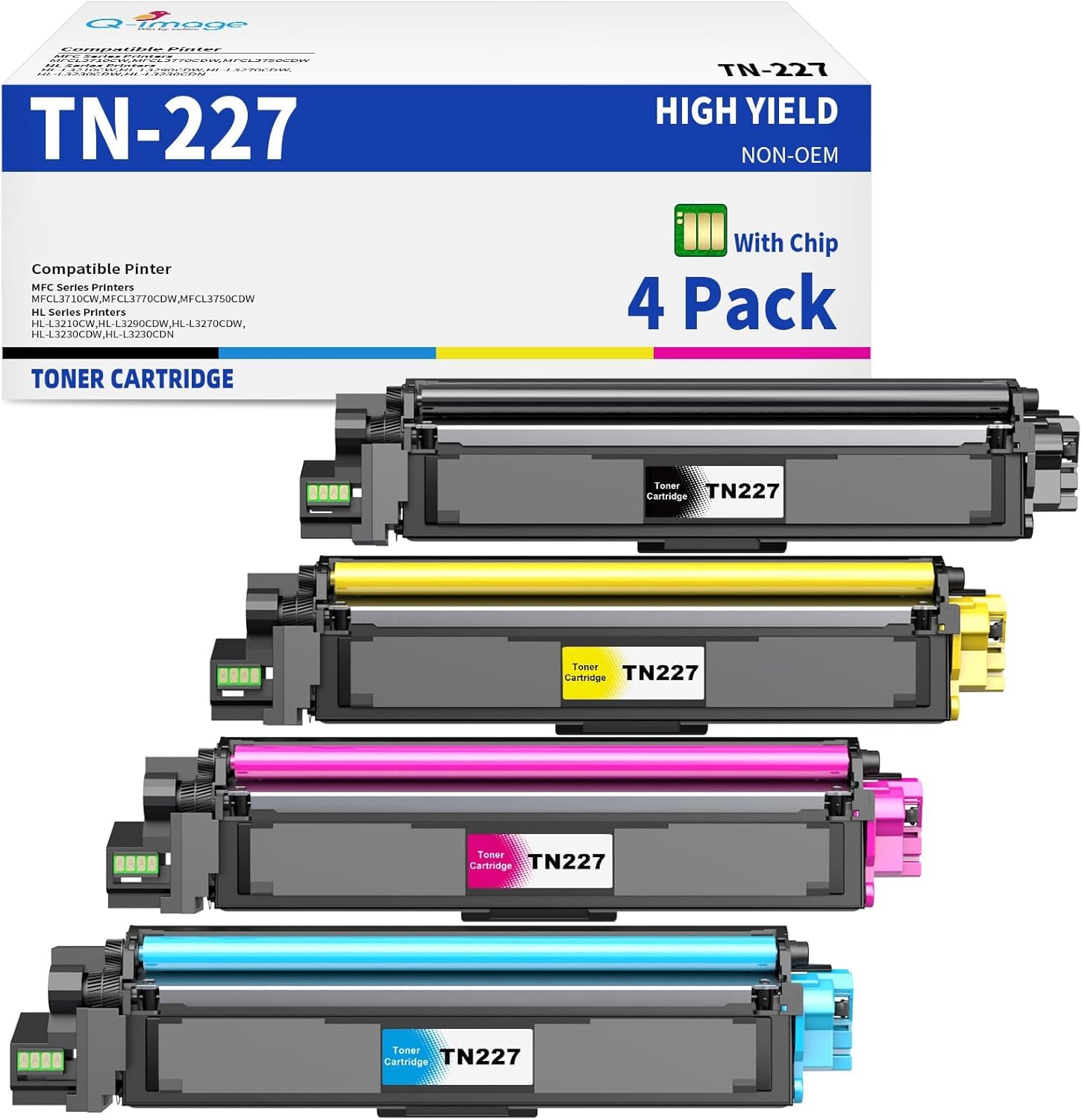High Yield TN227 Toner Cartridge 4 Pack for Brother Printers
