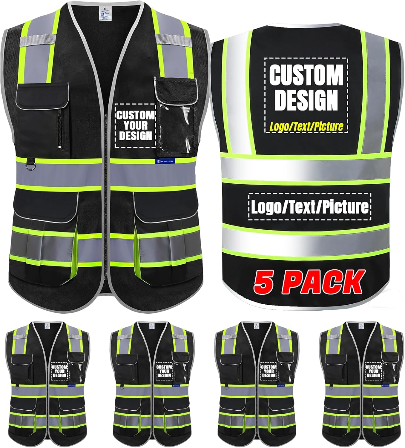 BeautyWill Custom Logo Safety Vest with 8 Pockets for Men