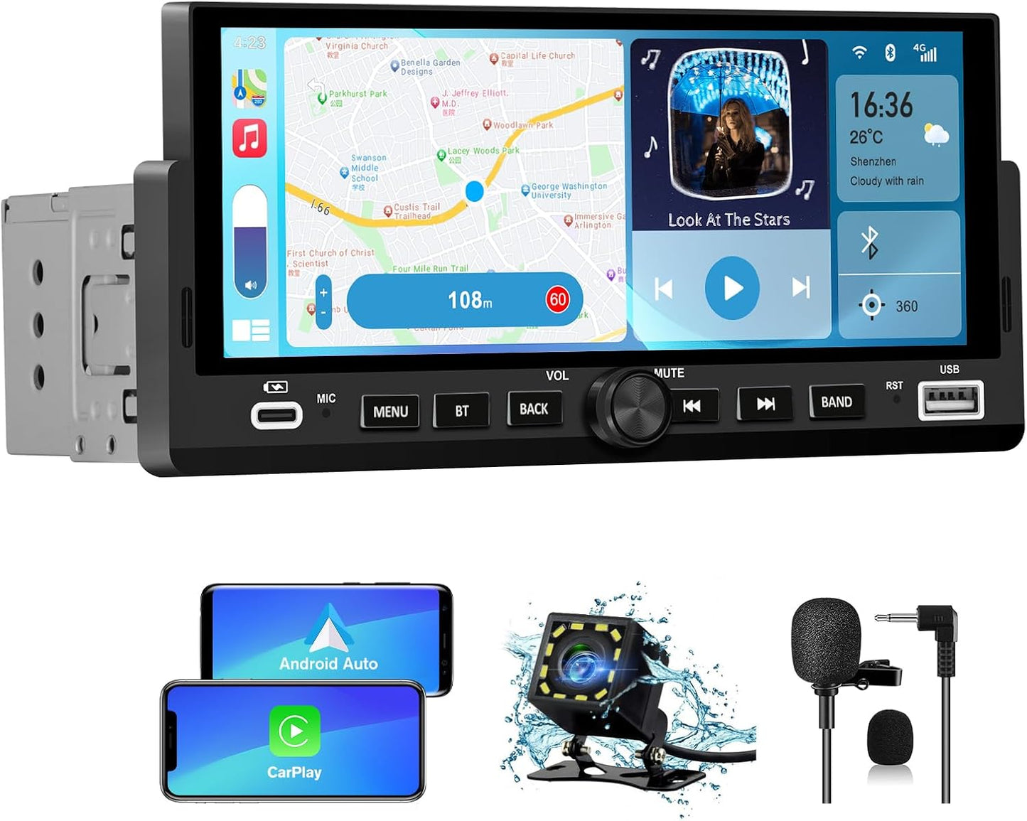 6.86 Inch Single Din Car Stereo with Wireless CarPlay & Android Auto