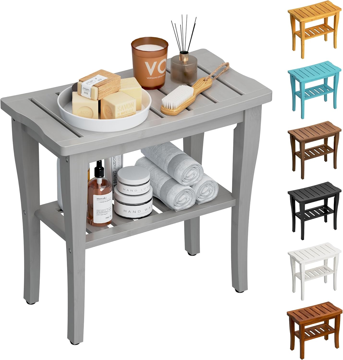 Bamboo Shower Bench Stool with Storage Shelf for Comfort