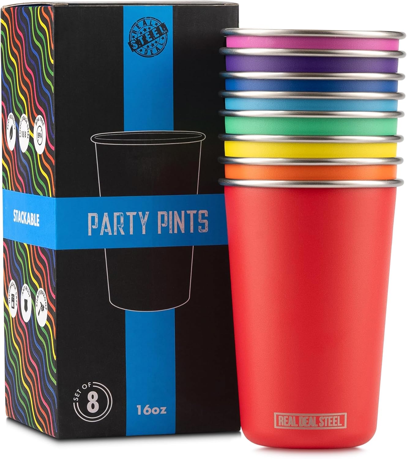 Real Deal Steel Rainbow Cups 16 oz Pint Cups for Fun Parties