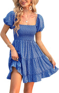 Elegant Women's Smocked Dress with Puff Sleeves and Square Neck