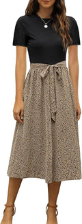 Women Summer Ribbed Midi Dress with Belt Tie - Modest Short Sleeve