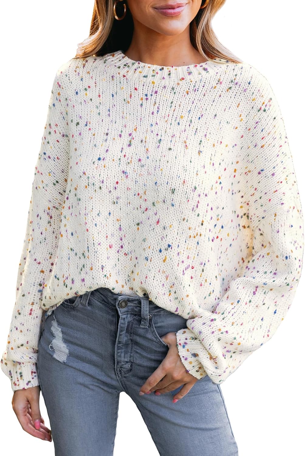 CUPSHE Womens Rainbow Pom Casual Long Sleeve Sweater Tops