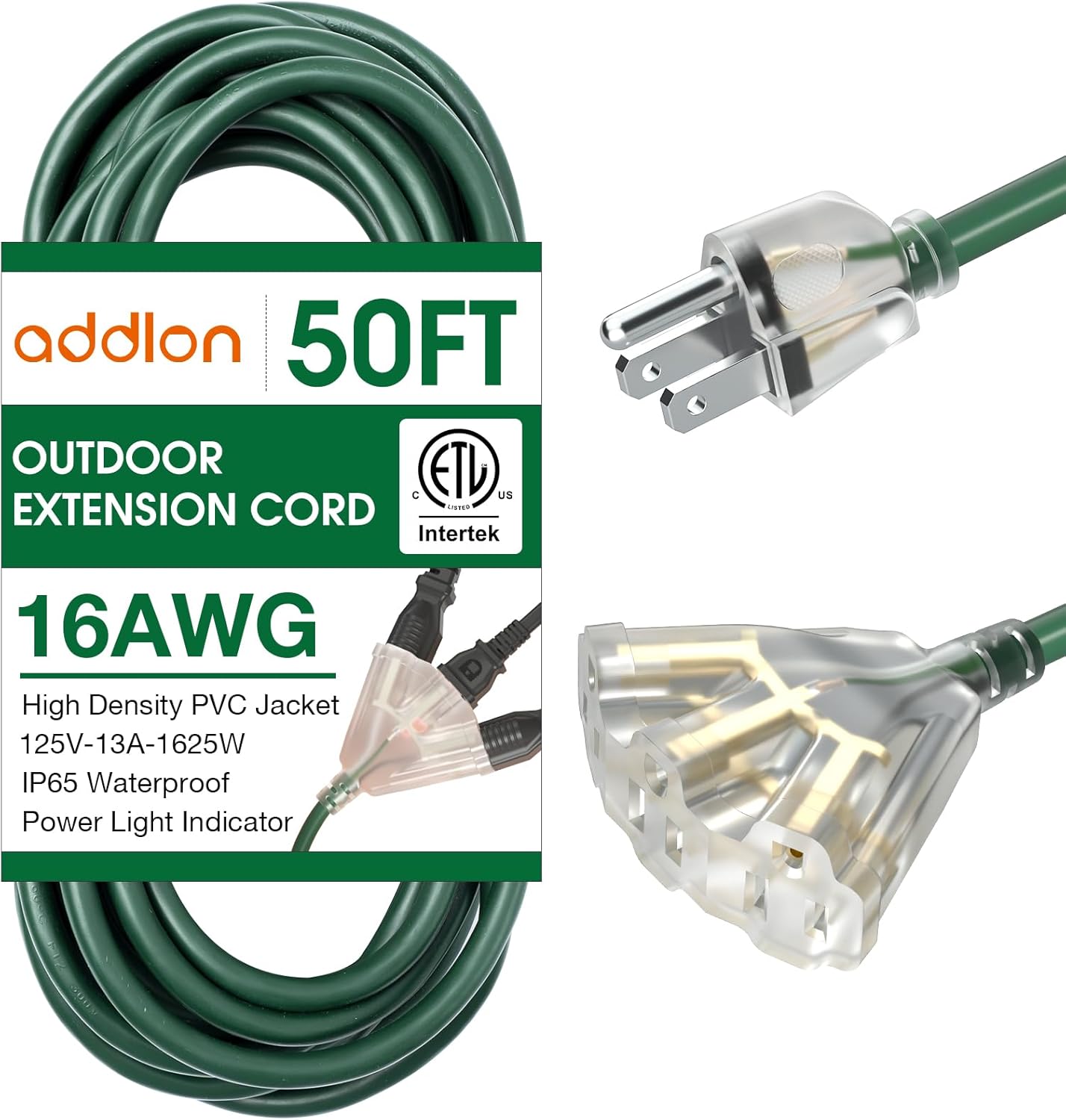 50FT Lighted Outdoor Extension Cord with 3-Plug Outlet Safety