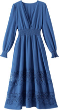 Women's Lace Maxi Dress Short Sleeve V Neck - Smocked Boho Style