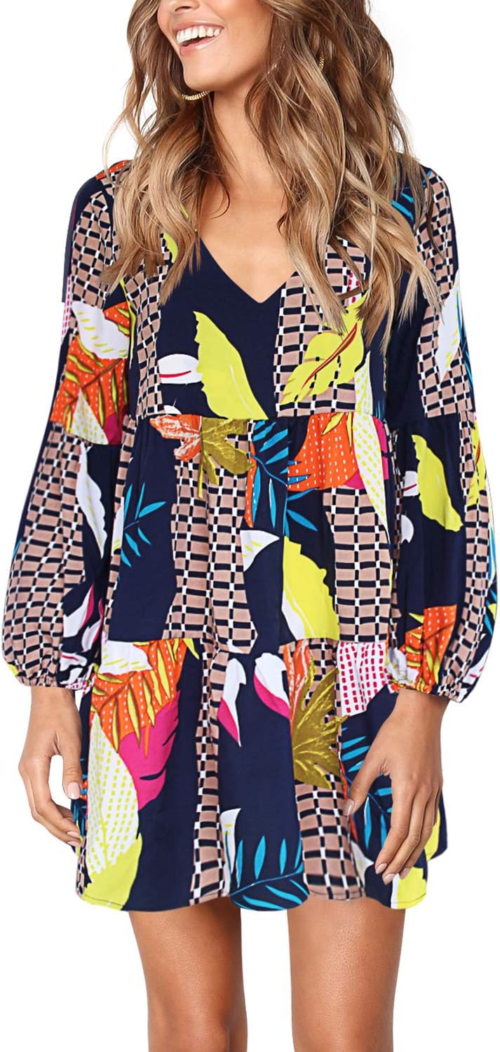 Amoretu Womens Tunic Dress Long Sleeve V Neck Casual Style