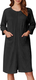 Women Zipper Ribbed Knit Robe Knee Length - Lightweight Comfort
