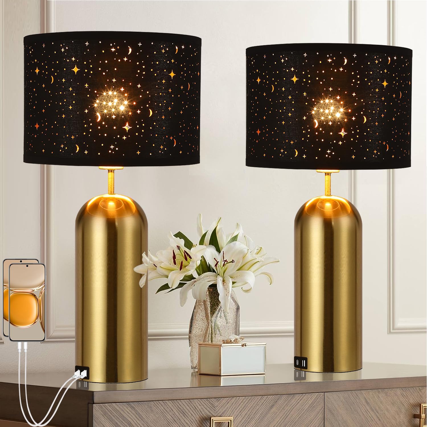 Touch Control Lamps Set of 2 with USB Ports for Modern Homes