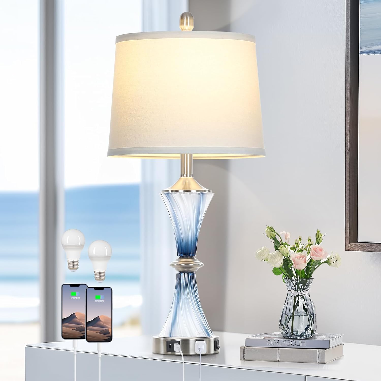 Blue Glass Table Lamp with USB Ports for Coastal Decor