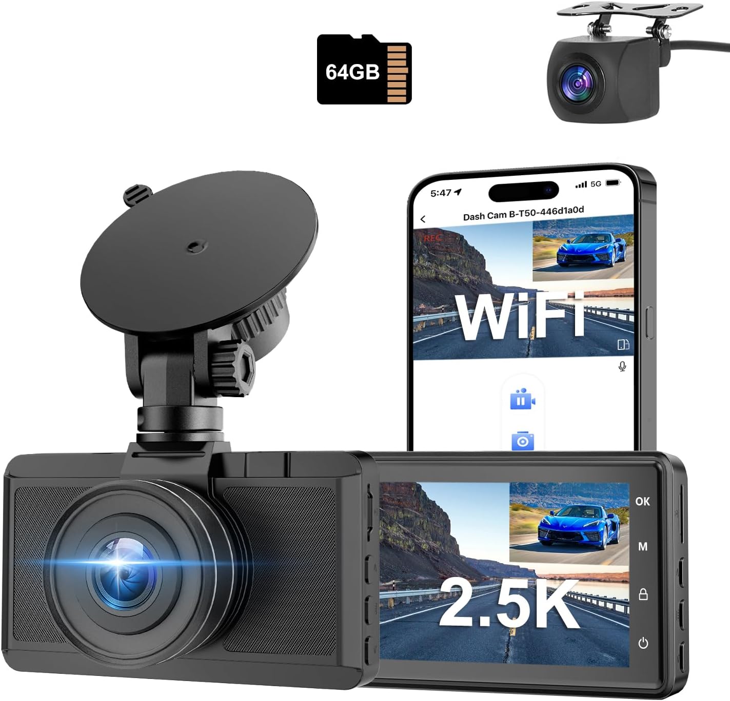 CHORTAU 2.5K+1080P WiFi Dash Cam - Super Night Vision