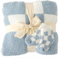 Blue Checkered Baby Blanket & Matching Socks Set - Cozy Plush Blanket