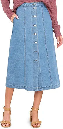 Wenrine Women's High Waisted Denim Midi Skirt with Pockets