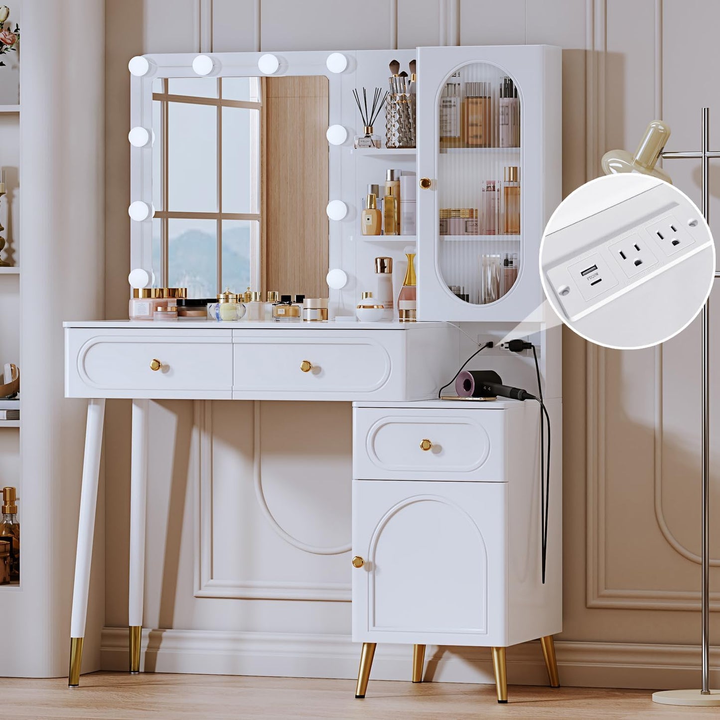 YYJ Modern Vanity Desk with Lights & Chair