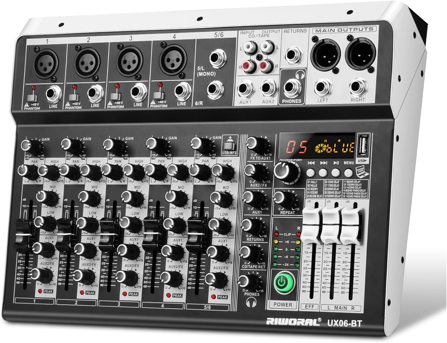 6 Channel Audio Interface Mixer with Bluetooth and DSP Effects