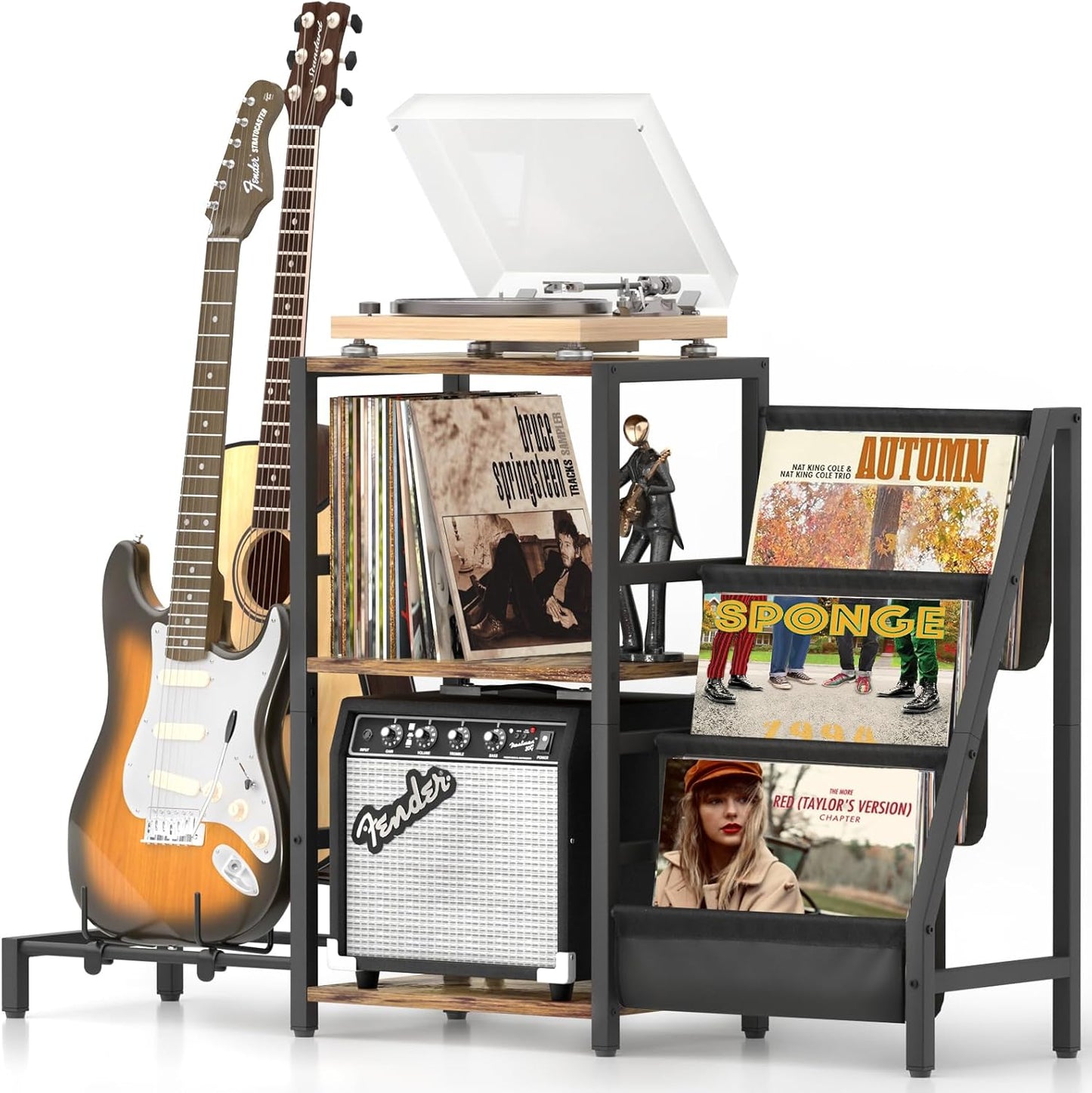 Bikoney Record Player Stand with Guitar Holder for Multiple Guitars