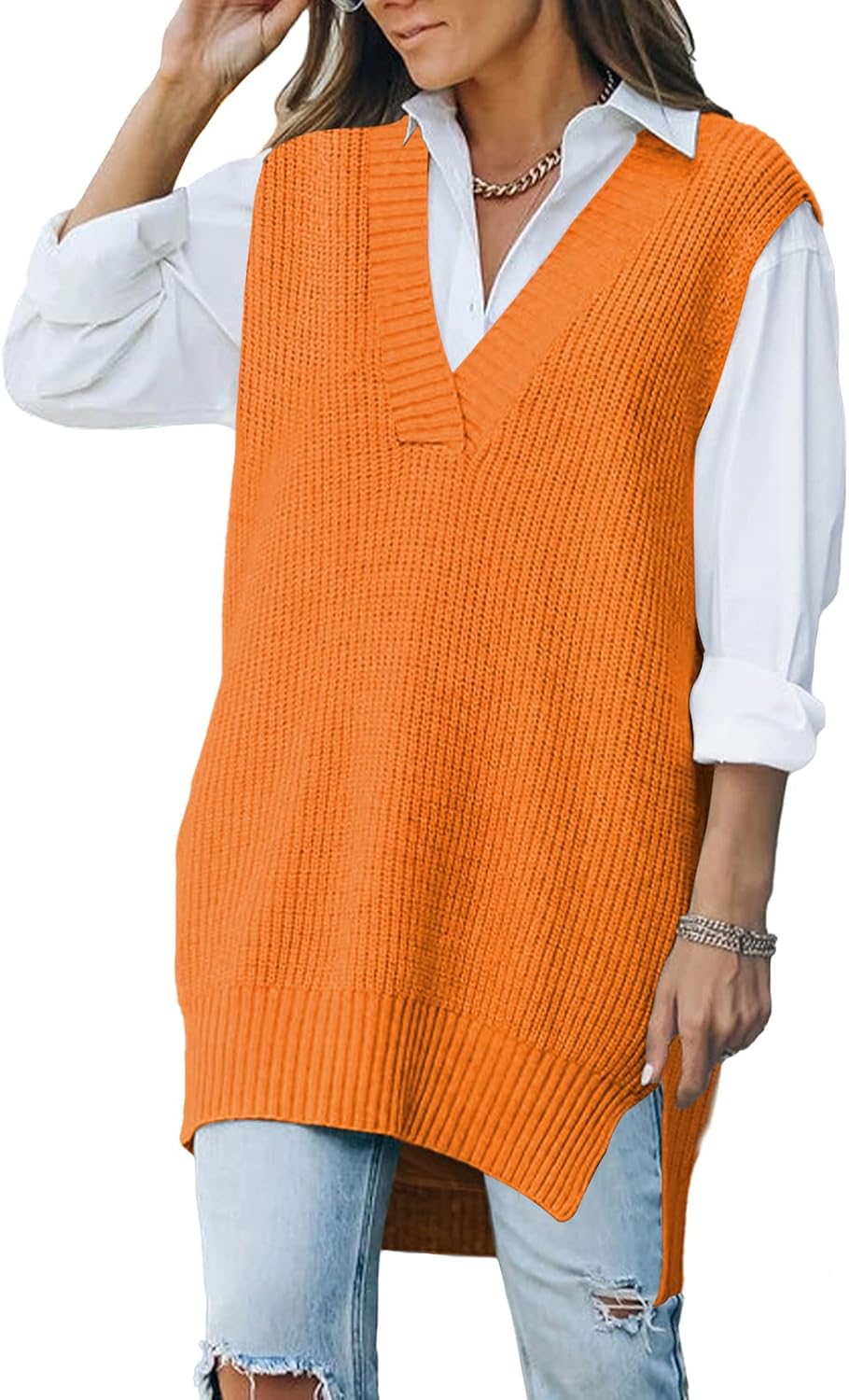 Viottiset Women's Oversized V Neck Knit Sweater Vest Tunic