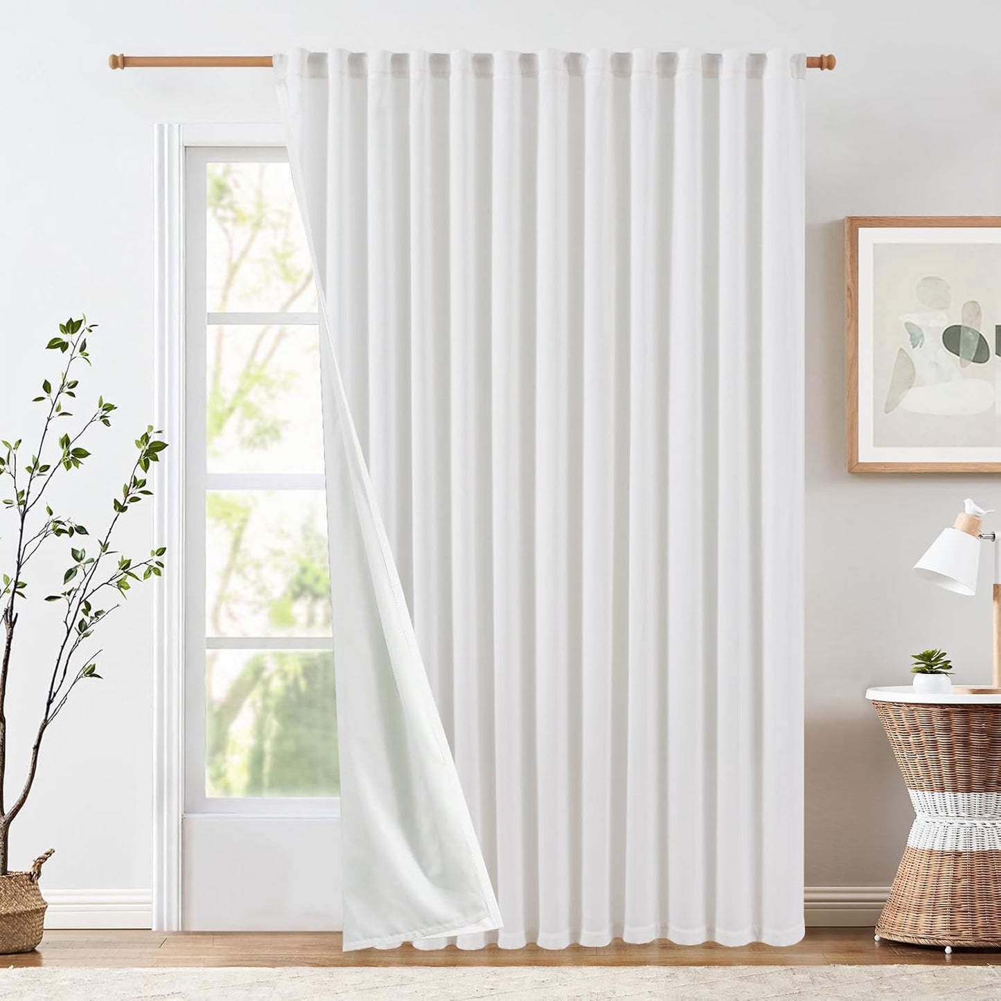 jinchan White Lined Linen Blend Curtain for Sliding Door