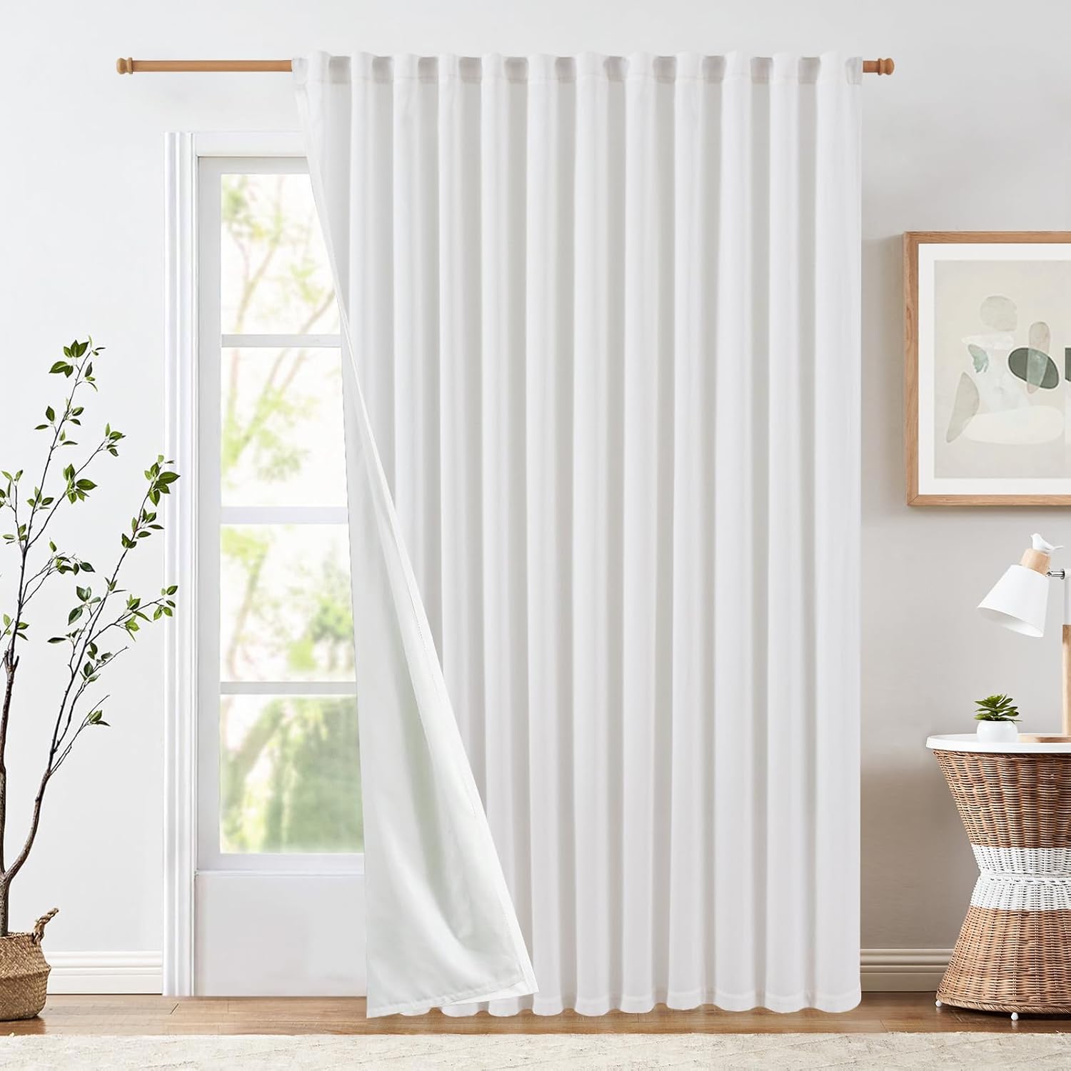 jinchan White Lined Linen Blend Curtain for Sliding Door