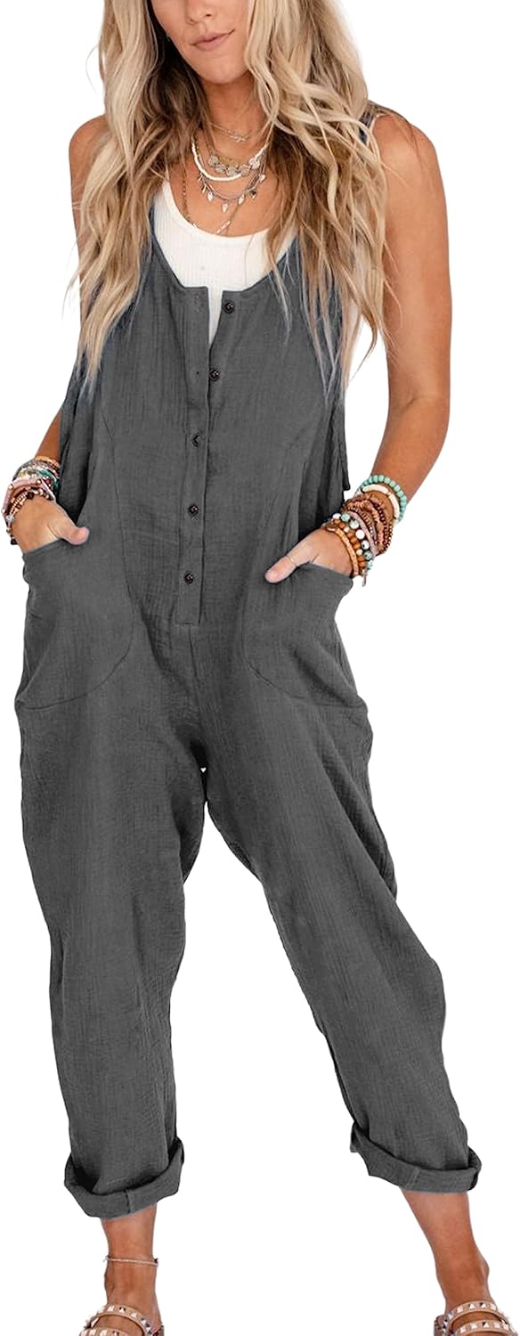 Yeokou Womens Overalls Linen Cotton Jumpsuits for Casual Style